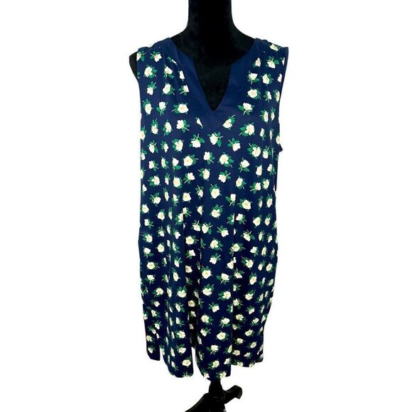DRAPER JAMES X LANDS END NAVY MAGNOLIA FLORAL SLEEVELESS DRESS WOMENS SIZE LP - Picture 1 of 8